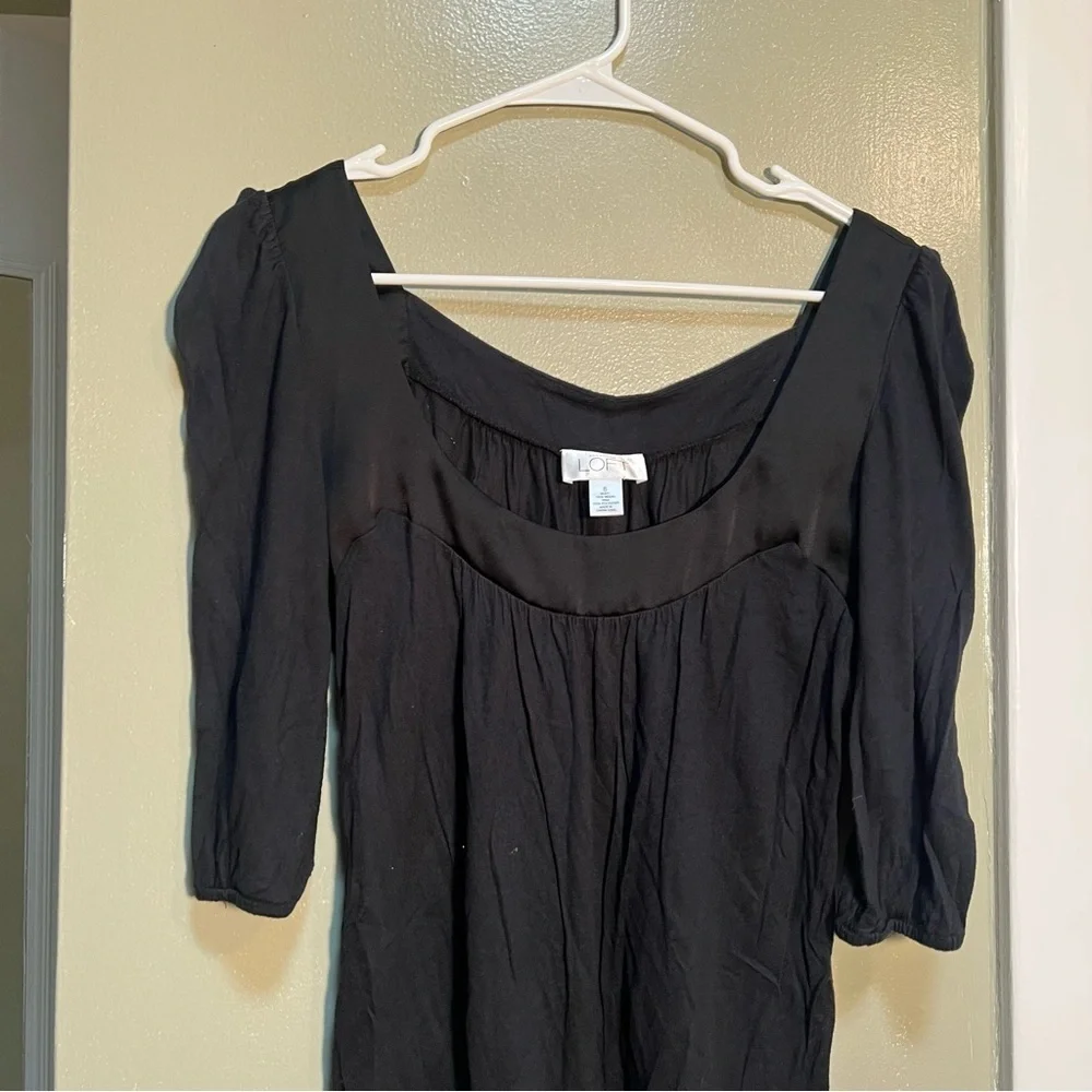 Loft Women's Size Small Square Neck Blouse Puff Sleeve Black Satin Trim Modal